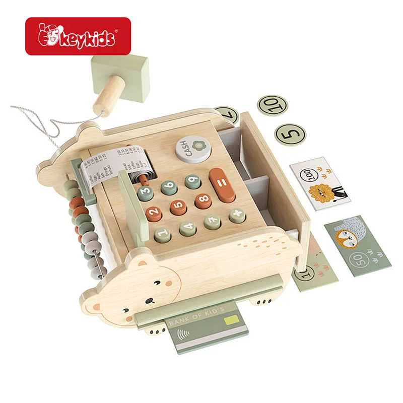 Wooden Kids Cash Register Toy with Play Money and Credit Cards - Interactive Pretend Shop Play Set for Children W10A241